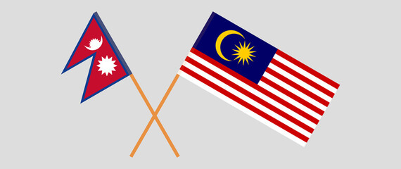 Crossed flags of Nepal and Malaysia. Official colors. Correct proportion