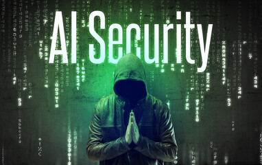 Faceless hacker with AI Security inscription, hacking concept