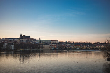 cityscape of prague castle mala strana and old town with charles bridge at dusk