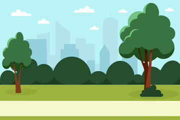Summer park with trees and bushes in a big city. Nature in the city. Vector illustration in flat style