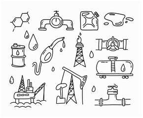 Gas and Oil doodle Set. Petrol Outline elements. Hand drawn icons and sketch. © Kristina