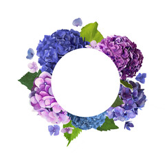 Obraz premium Frame made of pink blue hydrangea, green leaves, branches on white background. Flat lay, top view. Wedding's background. Valentine's background with copy space.