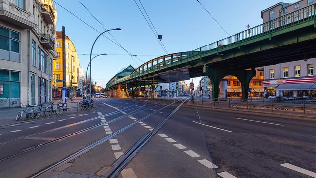 Day Time Lapse of Eberswalder Strasse with subway trams and cars Berlin, Germany