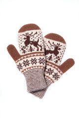 Warm woolen knitted mittens isolated on white background. Knitte