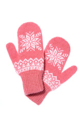 Warm woolen knitted mittens isolated on white background. Pink k