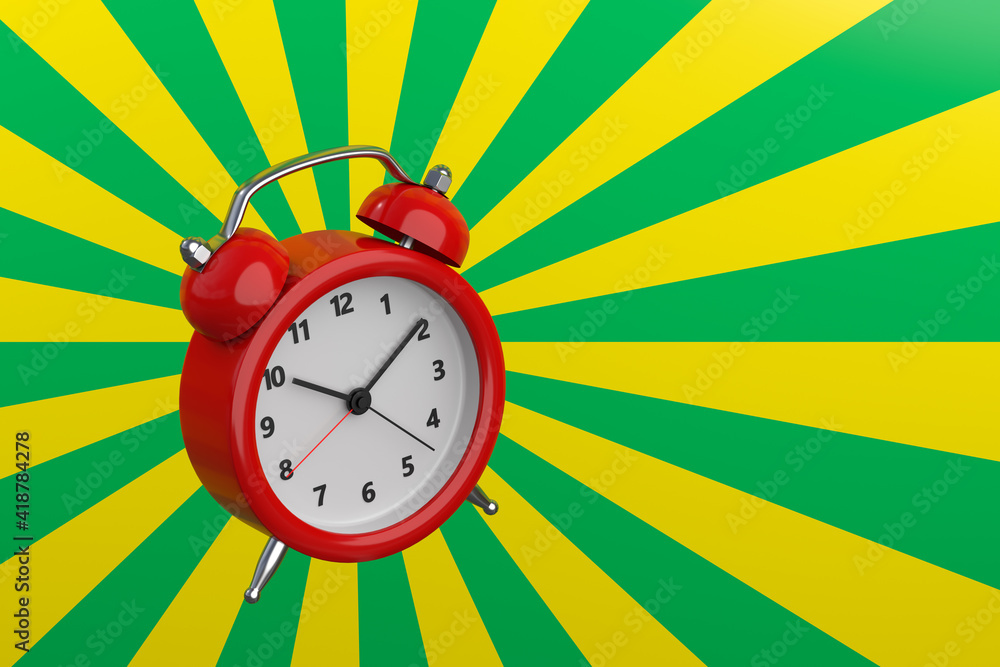 Poster close up red alarm clock on retro background. 3d rendering