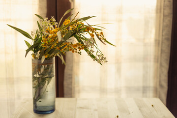 View of a bouquet of mimosas on a flowerpot standing on a wooden table in front of a window