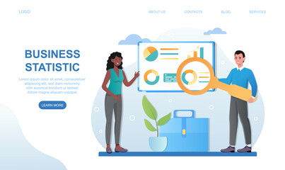 Male and female characters are working on business statistic. Colleagues studying diagrams and infographics with magnifier. Website, web page, landing page template. Flat cartoon vector illustration