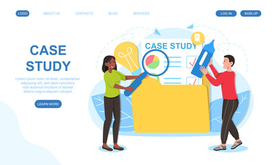 Male and female characters are studying a case together. Man and woman looking at document with diagrams through magnifier. Website, web page, landing page template. Flat cartoon vector illustration