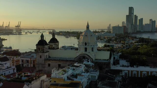 Sunrise over the Center of Cartagena de Indias, Colombia - Drone footage panorama