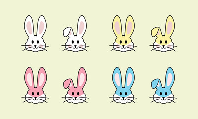 Set of cartoon bunny rabbit faces with different colors and ears, vector illustration for Easter