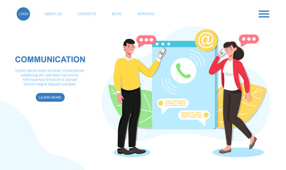 Male and female characters are communicating via smartphone. Concept of modern online messaging and texting on smartphone. Website, web page, landing page template. Flat cartoon vector illustration