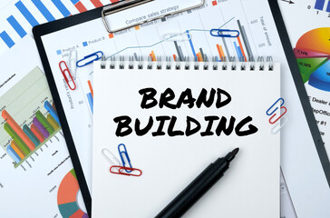 On the table are reports, charts, a notebook with the inscription - BRAND BUILDING