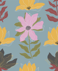 Vector seamless pattern. Spring colorful flowers on blue background.
