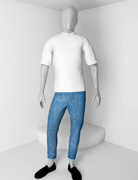 maniqu&iacute; con playera blanca y jeans azules de frente 