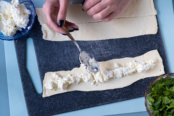 Cheese spinach pie. Salty cake recipe. Step by step. View from above. The girl is cooking. Step 8 © Дарья Сахарова
