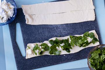 Cheese spinach pie. Salty cake recipe. Step by step. View from above. The girl is cooking. Step 10 © Дарья Сахарова