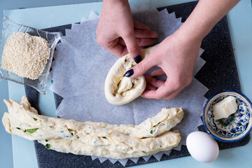 Cheese spinach pie. Salty cake recipe. Step by step. View from above. The girl is cooking. Step 14 © Дарья Сахарова