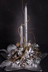 Christmas bouquet, Christmas gift, candles, floral arrangement, copy space for a text