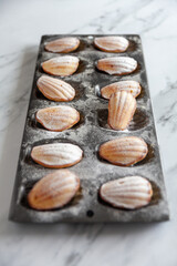 Side view vertical of freshly baked madeleine cakes in a tin on a white marble background
