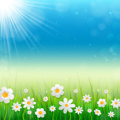 Spring background with white flowers in the grass.