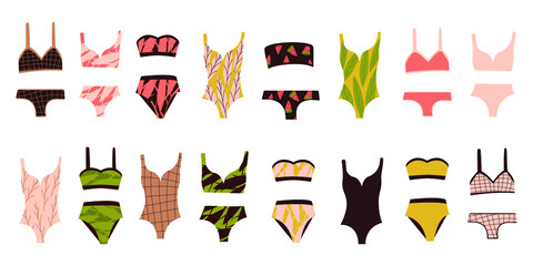 A set of bathing suits for a girl and a woman. bathing clothes. Summer swimsuit. Clothes for a trip to the sea. Sunbathe on the beach. Collection of vector illustrations. 