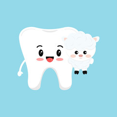 Easter cute tooth with sheep dental icon isolated on background. Dentist white teeth easter character with litte lamb. Flat cartoon vector kids dentistry clip art illustration