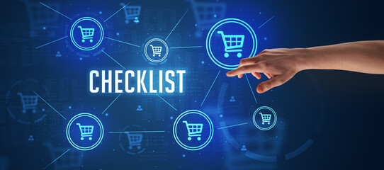 Close-Up of cropped hand pointing at CHECKLIST inscription, online shopping concept
