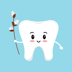 Easter cute tooth with willow dental icon isolated on background. Dentist white teeth easter character with pussy-willow branch. Flat cartoon vector kids dentistry clip art illustration