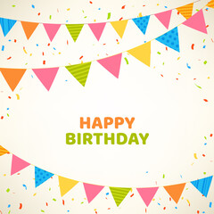 Happy Birthday card with colorful flags and confetti