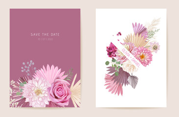 Obraz premium Watercolor rose, pampas grass, dahlia floral wedding card. Vector exotic flower, tropical palm leaves invitation