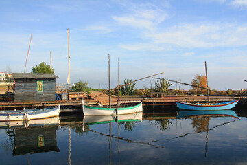 Traditional wooden boats at Bouzigues, a beautiful fishing village in the Bassin de Thau, Herault, France
