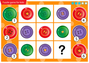 What item are missing? Color buttons. Logic puzzle game for kids. Education game for children. Sudoku puzzle. Worksheet vector design for schoolers