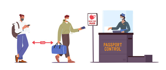Registration in Airport Passport Control during Covid Pandemic. Passengers Characters in Medic Masks Stand in Queue