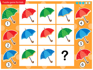 What item are missing? Color umbrellas. Logic puzzle game for kids. Education game for children. Sudoku puzzle. Worksheet vector design for schoolers.