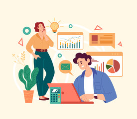 Business analytics people team working. Vector simple modern style graphic design illusration