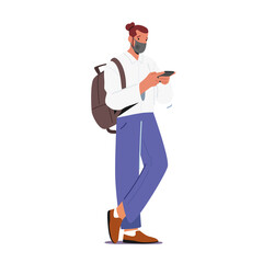 Fototapeta premium Tourist Male Character in Mask Hold Smartphone and Backpack Waiting Plane Registration or Airplane Boarding in Airport