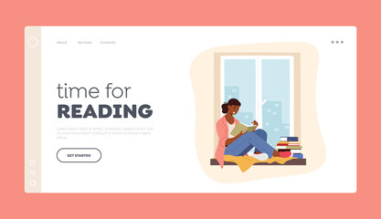 Education, Reading Hobby Landing Page Template. Woman Character Sitting on Windowsill Read Book. Student Prepare to Exam