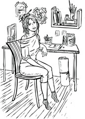 a woman at home sitting at a desk, working at home creatively, hand-drawn coloring book, contour drawing