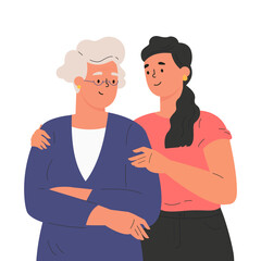 Happy adult daughter hugging old mother feeling love to each other. Portrait of young woman hugging her grandma. Friendly family relationship. Cartoon vector flat illustration on white background. 