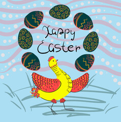 Easter card in simple style. Cute chicken genres with Easter eggs, handwritten text - Happy Easter. Stock vector illustration on blue background