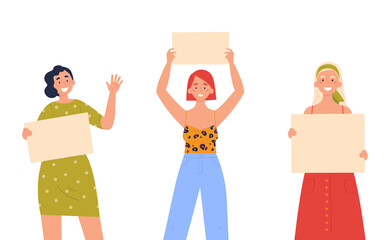 Teenagers showing posters. Collection of young women standing and holding blank banner. Female protesters or activists. Political meeting and protest. Vector trendy illustration.