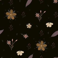 Seamless floral pattern with brown flowers on a dark background 