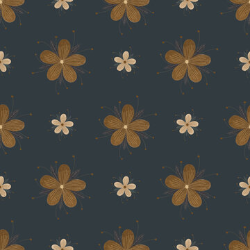 Seamless floral pattern with brown flowers on a dark background 
