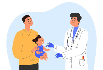 Fototapeta premium Male doctor makes a vaccine to a child. Concept illustration for immunity health. Father with baby in hospital. Doctor in a medical gown and gloves. Flat illustration isolated on white background. 