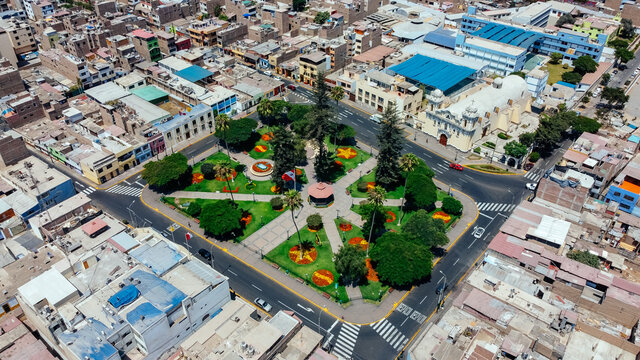 Aerial view of the main square of Santiago de Surco, located in the department of Lima - Peru