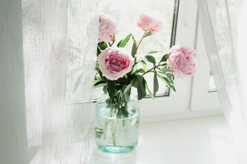 A view of a bouquet of pink peonies standing in a vase on the window. Concept background, flowers, holiday.
