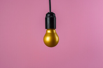 Creative composition. A golden incandescent lamp on a pink background.