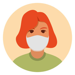Woman in face mask to prevent disease, flu.Girl red hair avatar. Protection wear from coronavirus.