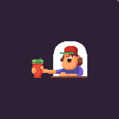 Pixel art character with coffee